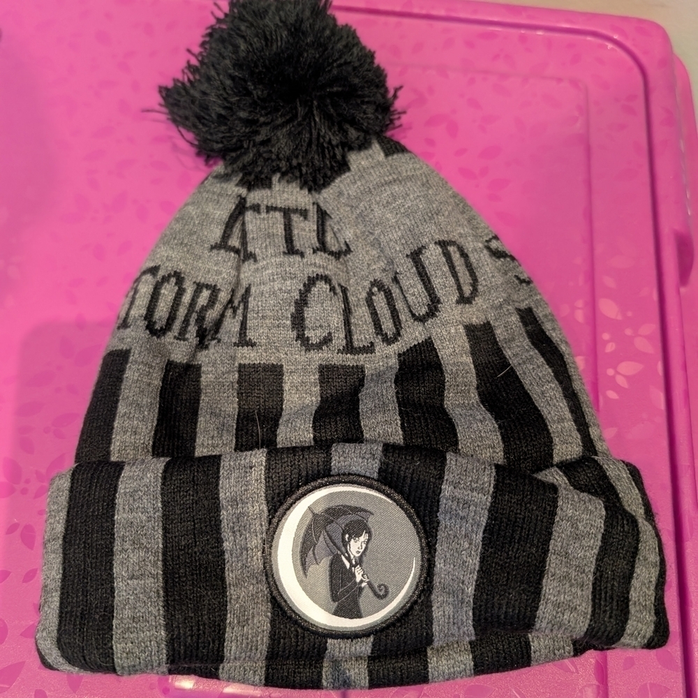 Wednesday Little Storm Cloud Gray and Black Striped Beanie with Pom Pom